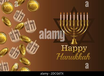 carte de célébration hanukkah avec illustration vectorielle de candélabrum et de dreidels conception Illustration de Vecteur