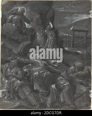 Allemand XVIe siècle, (artiste), Christ dans le jardin de Gethsémané, un des 14 dessins sur 8 feuilles de sujets bibliques, (série), c. 1600, stylo et pinceau et encre noire avec lavage gris rehaussé de blanc sur papier gris préparé, total: 19 x 16 cm (7 1/2 x 6 5/16 po Banque D'Images