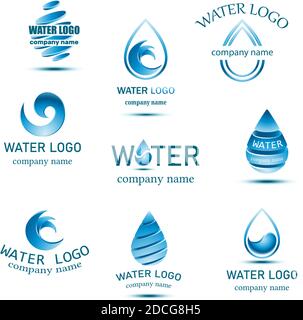 Collection de logos d'eau minérale Vector Blue avec gouttes et vagues. Illustration de Vecteur