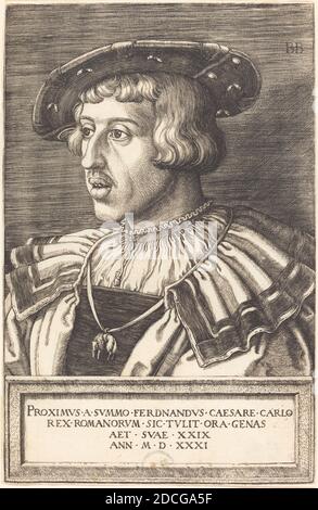 Barthel Beham, (artiste), allemand, 1502 - 1540, Empereur Ferdinand I, 1531, gravure, feuille (découpée dans la marque de la plaque) : 20.8 x 13.5 cm (8 3/16 x 5 5/16 po Banque D'Images