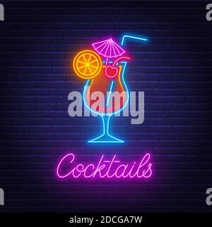Cocktail Tequila Sunrise néon signe sur fond de mur de brique. Illustration de Vecteur