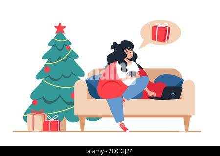 Femme achète des cadeaux de Noël en ligne magasin. Les achats en ligne du nouvel an à la maison Illustration de Vecteur