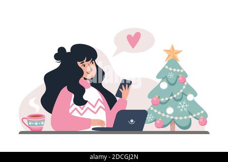 Femme répond à un message et achète des cadeaux pour la famille dans un magasin en ligne. Le nouvel an et les achats en ligne de Noël à la maison Illustration de Vecteur