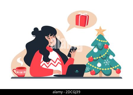 Femme répond à un message et achète des cadeaux pour la famille dans un magasin en ligne. Le nouvel an et les achats en ligne de Noël à la maison Illustration de Vecteur