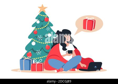 Femme achète des cadeaux de Noël en ligne magasin. Les achats en ligne du nouvel an à la maison. Illustration vectorielle pour une carte de vœux et une conception Web de sites et de pages Illustration de Vecteur