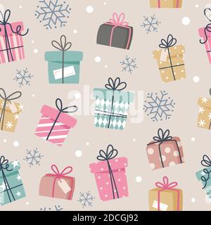 Motif de Noël sans coutures avec cadeaux et flocons de neige, illustration vectorielle sans coutures Illustration de Vecteur