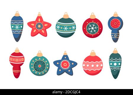 Ensemble de décorations de Noël boule en verre, illustration vectorielle colorée dans un style de dessin animé plat Illustration de Vecteur
