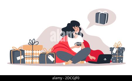 La femme achète des cadeaux dans la boutique en ligne, le nouvel an et les achats en ligne de Noël à la maison. Illustration vectorielle de style plat Illustration de Vecteur