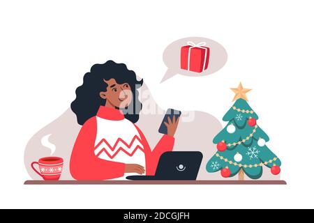 Femme répond à un message et achète des cadeaux pour la famille dans un magasin en ligne. Le nouvel an et les achats en ligne de Noël à la maison Illustration de Vecteur