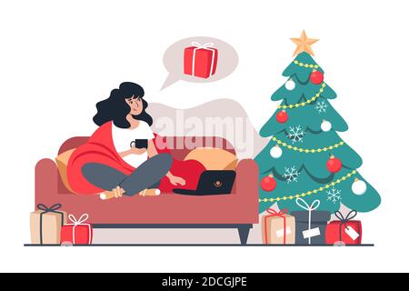 Femme achète des cadeaux de Noël en ligne magasin. Les achats en ligne du nouvel an à la maison Illustration de Vecteur