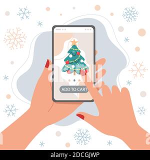 Achats en ligne à l'aide d'un smartphone, arbre de Noël à l'écran, illustration vectorielle de style plat Illustration de Vecteur