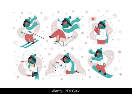Collection de personnages d'hiver, activités d'hiver. Illustration vectorielle de style plat Illustration de Vecteur