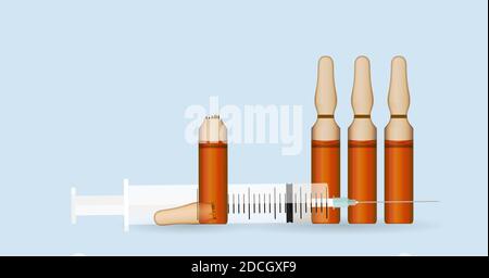 Seringue avec ampoule transparente avec substance sur fond bleu. Illustration. Banque D'Images