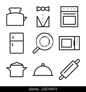 Line Icons salver grille-pain waiter casserole réfrigérateur cuisson Banque D'Images