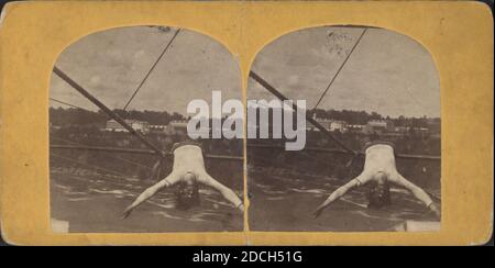 Blondin. Le marcheur de corde raide pend d'un fil au-dessus de Niagara., Blondin, 1824-1897, 1860, New York (État), Niagara Falls (N.Y. et ont Banque D'Images