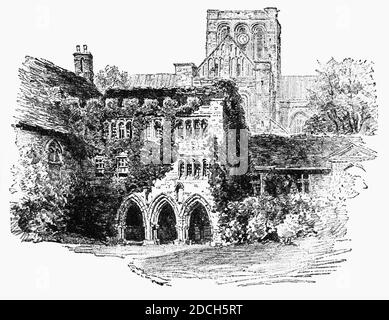 Vue du XIXe siècle sur la Deanery et la cathédrale de Winchester dans le Hampshire, en Angleterre. Fondée en 642, elle fait partie d'une colonie monastique en 971. Dédié à la Sainte Trinité, Saint Pierre, Saint Paul et, avant la réforme, Saint Sin, il est le siège de l'évêque de Winchester et l'un des plus grands cathédrales d'Europe, avec la plus grande longueur totale de toute cathédrale gothique. Banque D'Images