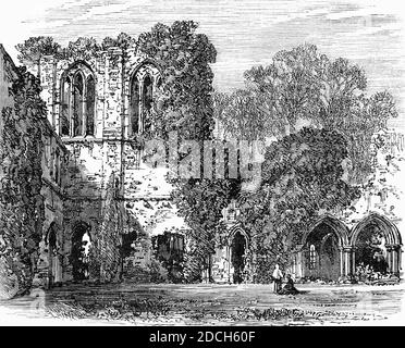 Vue du XIXe siècle sur l'abbaye de Netley, un monastère médiéval en ruines dans le village de Netley, près de Southampton, dans le Hampshire, en Angleterre. L'abbaye a été fondée en 1239 comme une maison pour les moines de l'ordre cistercien austère, mais malgré le patronage royal, Netley n'a jamais été riche, n'a produit aucun érudit influent ni churmen, et son histoire de près de 300 ans était calme. Banque D'Images