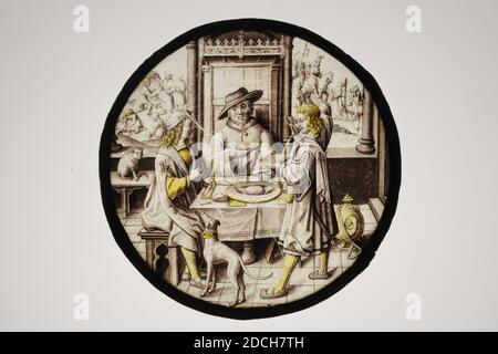 vitre, c. 1510-1520, verre, plomb, diamètre: 24.2 x 0.2cm 242 x 2mm, scène biblique, panneau de verre rond avec une scène colorée de lot et ses deux filles, Genèse 19: 24-35. L'homme est assis entre ses deux filles dans un jardin. Ils lui offrent de la nourriture. En arrière-plan un château. En gris et jaune argenté, dans un support de plomb Banque D'Images