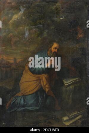 Peinture, Willem van Ingen, fin du XVIIe siècle, toile, bois, peinture à l'huile, peinte, avec cadre: 228 x 165 x 5cm 2280 x 1650 x 50mm, saint, plomb, peinture représentant Saint Pierre. Dans un paysage assez désolatif, Peter s'agenouille avec ses mains pliées presque vers la droite. Saint Pierre, vêtu d'une robe bleue et d'un manteau brun, s'agenouille devant un rocher avec un livre ouvert. Il a plié les mains et les larmes dans ses yeux. Au-dessus de lui un coq à droite. Au premier plan, à droite, deux touches et des écritures. Une ville sur la gauche. Dans un cadre en bois, 1926 Banque D'Images