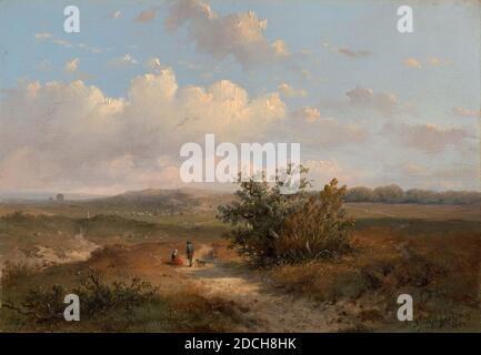 Peinture, Anthonie Jacobus van Wijngaerdt, 1851, Signature avant, en bas à droite: AJ v. Wijngaerdt f 1851, panneau, peinture à l'huile, peint, support: 16.6 × 24 × 1cm 166 × 240 × 10mm, avec cadre: 36.5 × 43, 8 × 5cm 365 × 438 × 50mm, paysage, femme, chien, homme, peinture représentant un paysage vallonné. Dans le premier plan droit est un grand arbuste. À gauche du buisson est une route de terre sur laquelle une femme avec une jupe rouge est assise avec un homme debout avec un chien. L'homme est penché sur un bâton de marche. En arrière-plan est un troupeau de moutons. La pente vallonnée est floue et contient des arbres. Signé en bas à droite. La peinture est Banque D'Images