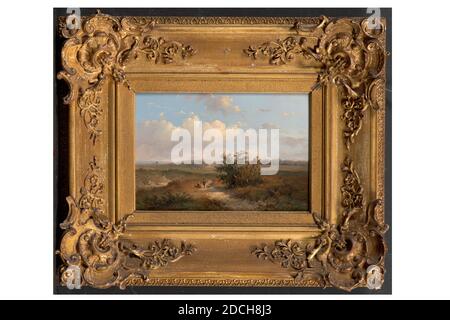 Peinture, Anthonie Jacobus van Wijngaerdt, 1851, Signature avant, en bas à droite: AJ v. Wijngaerdt f 1851, panneau, peinture à l'huile, peint, support: 16.6 × 24 × 1cm 166 × 240 × 10mm, avec cadre: 36.5 × 43, 8 × 5cm 365 × 438 × 50mm, paysage, femme, chien, homme, peinture représentant un paysage vallonné. Dans le premier plan droit est un grand arbuste. À gauche du buisson est une route de terre sur laquelle une femme avec une jupe rouge est assise avec un homme debout avec un chien. L'homme est penché sur un bâton de marche. En arrière-plan est un troupeau de moutons. La pente vallonnée est floue et contient des arbres. Signé en bas à droite. La peinture est Banque D'Images