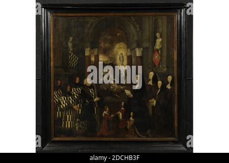 Peinture, 15 [9?], panneau, peinture à l'huile, peint, avec cadre: 123 × 123 × 5cm 1230 × 1230 × 50mm, représentation biblique, crête familiale, portrait de groupe, christ, Table commémorative de la famille Van Boshuyzen. Au premier plan à gauche se trouvent quatre hommes et un garçon à genoux; au premier plan à droite, quatre femmes et deux filles à genoux. Au centre, vous pouvez voir un bâtiment avec une voûte reposant sur quatre colonnes, ce qui donne une vue d'une représentation biblique: La résurrection du Christ. L'avant du groupe d'hommes dépeint a une branche de palmier dans ses mains; du groupe de femmes dépeint, l'avant a un livre dans Banque D'Images