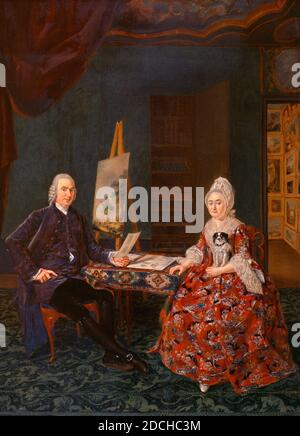 Peinture, Johannes Janson, ca. 1775, panneau, huile, peint, général (anciennes dimensions): 76.5 × 56cm (765 × 560mm), avec cadre: 89.5 × 70 × 4.3cm (895 - 700 - 43mm), double portrait, femme, homme, intérieur, peinture représentant un double portrait: Paulus van Spijk et sa femme Anna Louise van der Meulen. Assis dans une pièce avec une peinture de plafond est un homme à gauche, la main droite reposant sur sa hanche, la main gauche couché sur la table, un papier dans sa main. Sur la table est un tissu oriental et quelques imprimés. Sur la droite, vêtu d'une robe rouge riche avec capuchon en dentelle, écharpe et manches, est une femme avec un chien dedans Banque D'Images