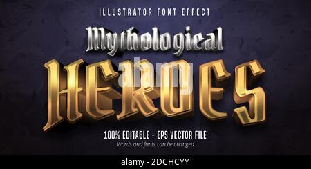 Texte Mytological Heroes, effet de police modifiable de style 3d or et argent métallisé Illustration de Vecteur