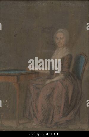 Pastel, Rienk Jelgerhuis, 1788?, Signature avant, en bas à droite: [....] 88 [très peu clair], pastel, bois, verre, papier, signé, général (dimensions selon le catalogue 1983): 38.4 x 26cm (384 x 260mm), avec cadre: 42.8 x 30.8 x 2.8cm (428 x 308 x 28mm), taille du jour: 37.2 x 25,1cm (372 x 251mm), femme, Portrait de femme, Anna Wijina Tibobrandel. Elle est tirée en pleine longueur assis à la droite d'une table, tourné de trois quarts vers la gauche, regardant le spectateur. Elle repose la main droite sur la table et porte une casquette blanche et une grenouille brune avec un col blanc. Le pastel est signé. Le Banque D'Images