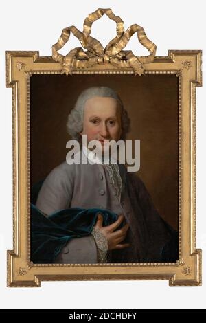 Peinture, Anonyme, ca. 1765, toile, peinture à l'huile, peint, général (dimensions selon catalogue 1983): 72 × 57,5 cm (720 × 575 mm), avec cadre: 103 × 72.5 × 3 cm (1030 × - 725 × 30 mm), portrait de l'homme, peinture représentant le portrait d'un homme: Johannes Luchtmans. Il est représenté par une demi-figure, demi-tournée vers la droite, tête tournée vers l'avant et regardant le spectateur. Il tient sa main droite sur la poitrine. Il porte une perruque en poudre courte, une jupe grise et un gilet avec une cravate en dentelle et des poignets et un manteau bleu. Non signé. La peinture est dans un cadre en bois doré avec un noeud au sommet et plus large Banque D'Images