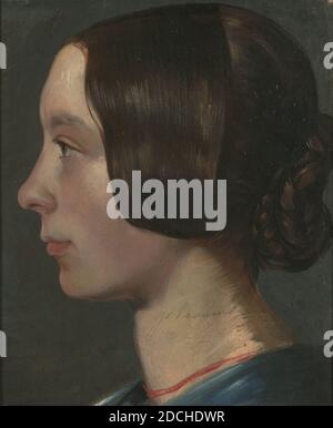 Peinture, Alexander Hugo Bakker Korff, c. 1851, toile, peinture à l'huile, support : 30.3 × 25,3 cm (303 × 253 mm), avec cadre : 34.4 × 29.5 × 2 cm (344 × 295 × 20 mm), portrait de femme, peinture représentant un intérieur stable. Sous un plafond à demi-décidée, un coup de feu peut être vu au milieu avec quelques vêtements. Sur la droite se trouve un grand panier de foin. Sur la gauche se trouve une porte à moitié ouverte, sur laquelle est suspendue un manteau. Non signé. La peinture est dans un cadre en bois doré Banque D'Images