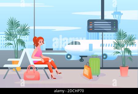 Attendre dans l'illustration du vecteur d'aéroport. Dessin animé plat femme touriste personnage passager assis avec sac de voyage à bagages dans le hall du terminal Illustration de Vecteur