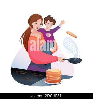 Mère cuisiniers famille petit déjeuner illustration vectorielle, dessin animé plat personnage de maman avec garçon enfant cuisiner crêpes délicieuses isolées sur blanc Illustration de Vecteur