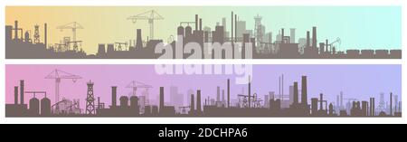 Industrie, fabrication de paysages illustrations vectorielles, dessin animé site urbain plat industriel ou zone avec des usines de fabrication silhouettes Illustration de Vecteur