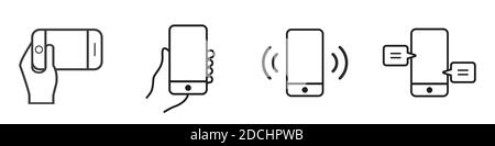 Icône de ligne de téléphone mobile. Téléphone portable à portée de main. Le smartphone vibre. Main tenant un smartphone. Illustration vectorielle sur fond blanc. Illustration de Vecteur