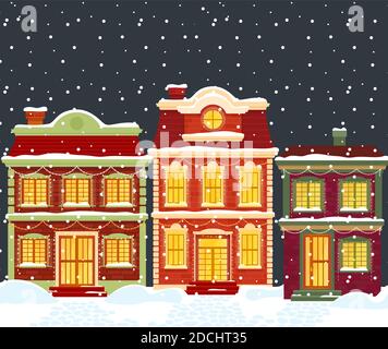 Maisons de Noël en dessin animé paysage de ville d'hiver sous la neige Illustration de Vecteur