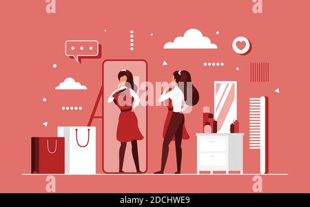 Essayez l'illustration vectorielle du concept des vêtements mode. Caricature belle femme tendance personnage essayant sur la robe tendance devant le miroir dans la maison armoire après le shopping, choisissez l'arrière-plan de la tenue Illustration de Vecteur