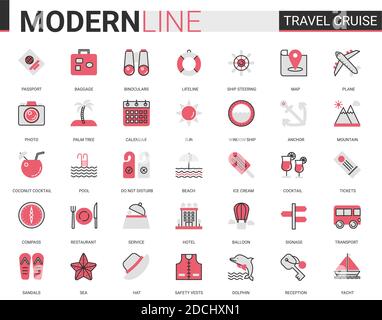 Jeu d'illustrations vectorielles de l'icône de la croisière en voyage rouge et noir. Contours tourisme application mobile symboles de transport de voyage, service d'hôtel pour les touristes, mer été plage articles de fête modifiable contour Illustration de Vecteur