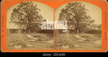 Jardin, avec lits de fleurs, haies, arbres et fontaine., image fixe, stéréographes, 1850 - 1930, Hamor, A. B. (Anderson B.) (b. 1841 Banque D'Images