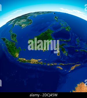 Carte du globe de l'Indonésie, carte physique Asie du Sud-est, carte avec reliefs et montagnes et Océan Pacifique, atlas, cartographie. Vue sur le satellite Banque D'Images