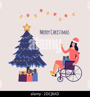 Les filles en fauteuil roulant célèbrent Noël et le nouvel an. Arbre de Noël avec cadeaux. Chapeaux du Père Noël. Garland. Fille handicapée souriant et wa Illustration de Vecteur