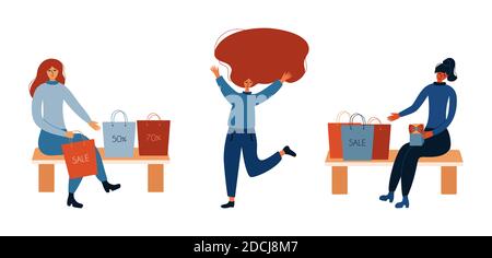 Happy Girls avec des sacs du magasin, des boîtes de cadeaux assis sur le banc. Une fille aux cheveux longs saute avec les mains et la jambe relevées. Vector colorfu Illustration de Vecteur