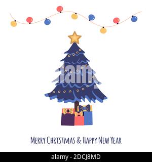 Arbre de Noël bleu avec guirlande, boîtes-cadeaux avec noeuds. Illustration vectorielle de carte de Noël colorée. Inscription Joyeux Noël et joyeux y Illustration de Vecteur