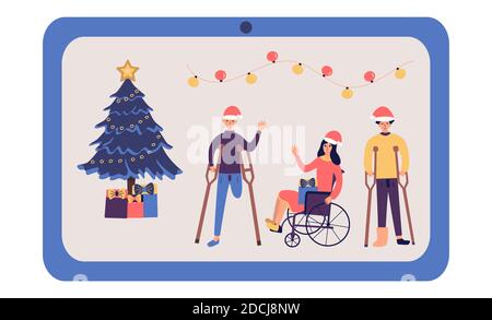 Les personnes handicapées célèbrent Noël et le nouvel an en ligne et sourient avec joie. Fille dans un fauteuil roulant, un gars avec une jambe amputée, un gars dans un casting sur cru Illustration de Vecteur