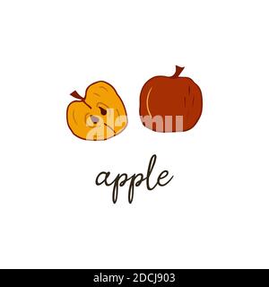 Moitié et pomme entière. Vitamine fraîche et douce aux fruits. Illustration vectorielle dessinée à la main avec une inscription. Icône ou logo Illustration de Vecteur