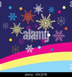 Flocons de neige vectoriels de Noël colorés sur fond bleu. Exemple de vacances de la nouvelle année pour un site Web ou une affiche. Illustration de Vecteur