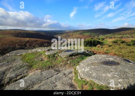 Vue d'automne depuis Bench tor jusqu'à la Dart gorge, parc national de Dartmoor, Devon, Royaume-Uni Banque D'Images