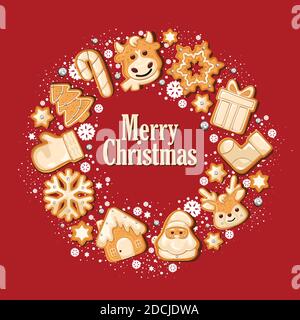 Biscuits de Noël en forme de pain d'épice de forme ronde, à utiliser comme affiche ou fond. Décoration avec neige, flocons de neige et perles. Illustration vectorielle Illustration de Vecteur
