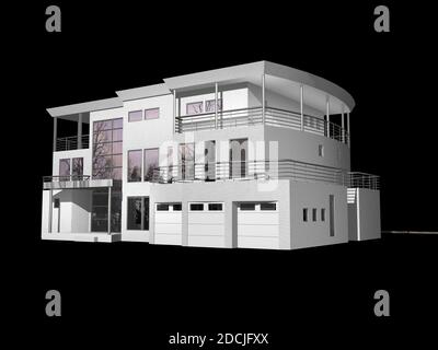 3D Illustration d'une maison moderne générique sur fond noir. Banque D'Images