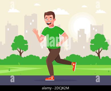 homme court dans le parc le matin. jogging le matin. sports dans la rue. illustration de personnages à vecteur plat. Illustration de Vecteur